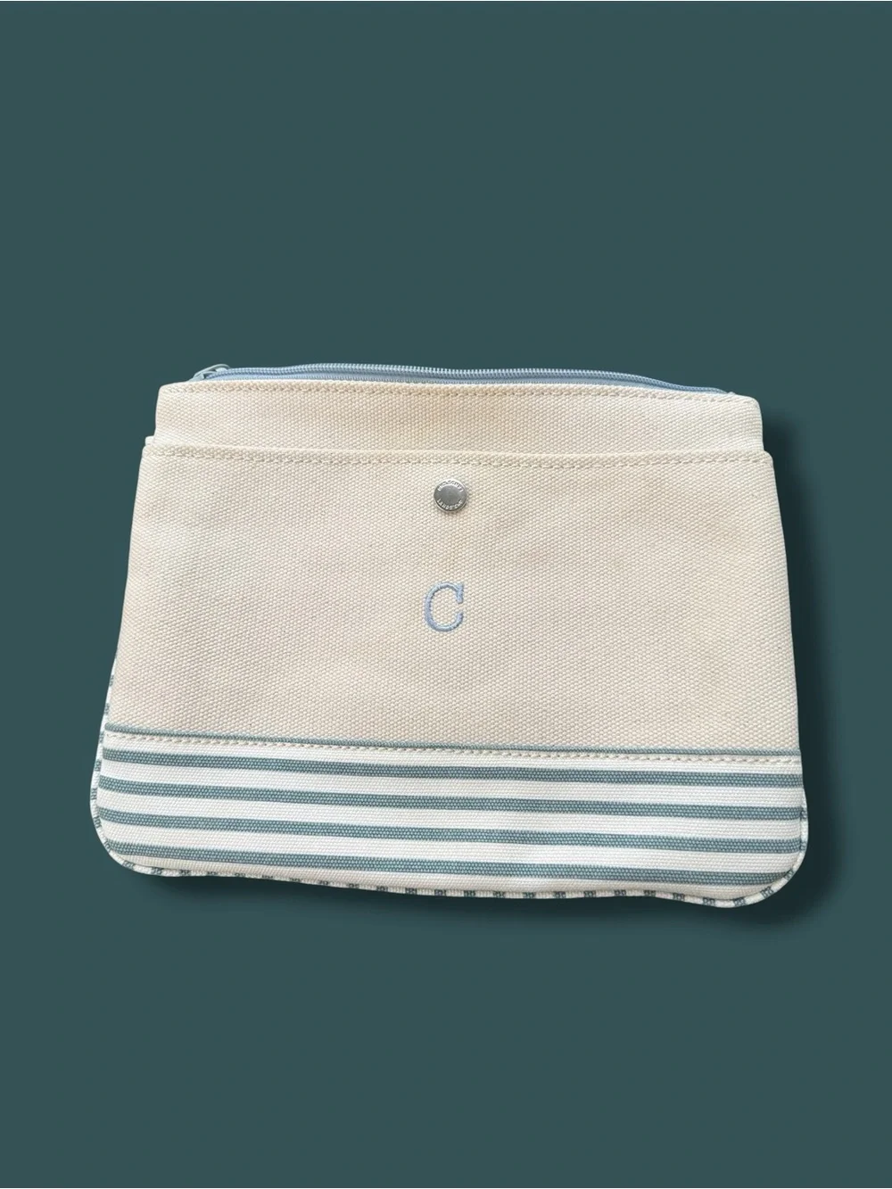 Embroidered Floral Canvas Zip Pouch in Cream and Blue